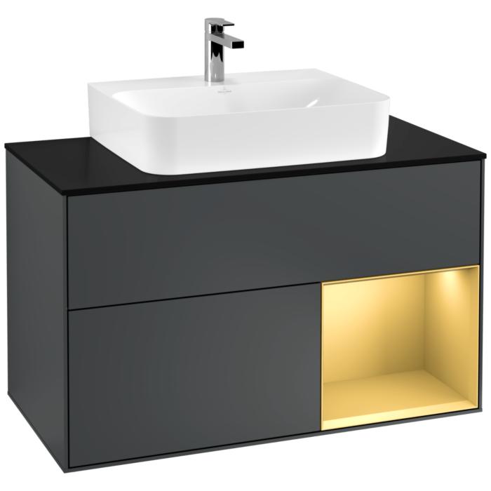 Villeroy Und Boch Finion Waschtischunterschrank G122HFHG 100Cm, Abdeckplatte Black Matt, Emotion, Regal Rechts Gold Matt, Midnight Blue Matt Lacquer