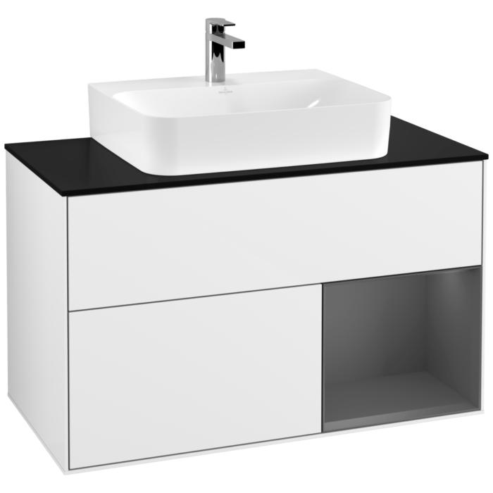 Villeroy Und Boch Finion Waschtischunterschrank F122GKGF 100Cm, Abdeckplatte Black Matt, Regal Rechts Anthracite Matt, Glossy White Lacquer