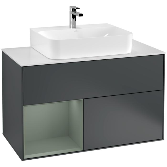 Villeroy Und Boch Finion Waschtischunterschrank G111GMHG 100Cm, Abdeckplatte White Matt, Emotion, Regal Links Olive Matt Lacquer, Midnight Blue Matt Lacquer