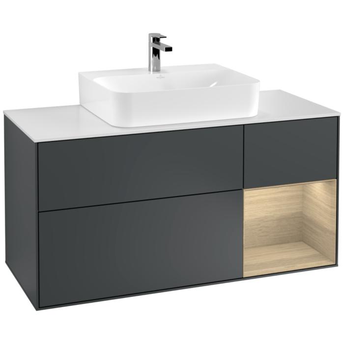 Villeroy Und Boch Finion Waschtischunterschrank F171PCHG 120Cm, Abdeckplatte White Matt, Regal Rechts Oak Veneer, Midnight Blue Matt Lacquer
