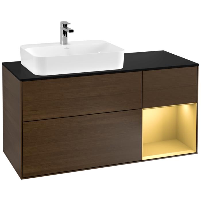 Villeroy Und Boch Finion Waschtischunterschrank G402HFGN 120Cm, Abdeckplatte Black Matt, Emotion, Regal Rechts Gold Matt, Walnut Veneer