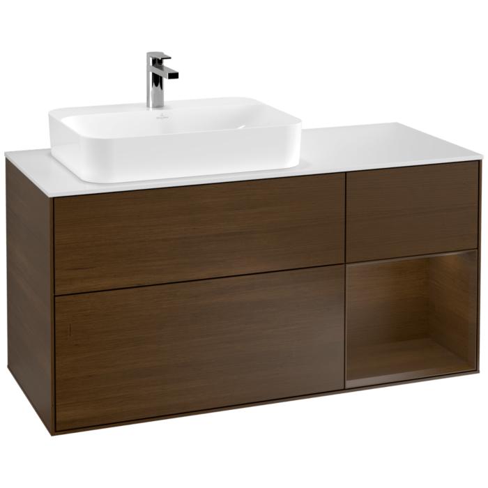 Villeroy Und Boch Finion Waschtischunterschrank F401GNGN 120Cm, Abdeckplatte White Matt, Regal Rechts Walnut Veneer, Walnut Veneer