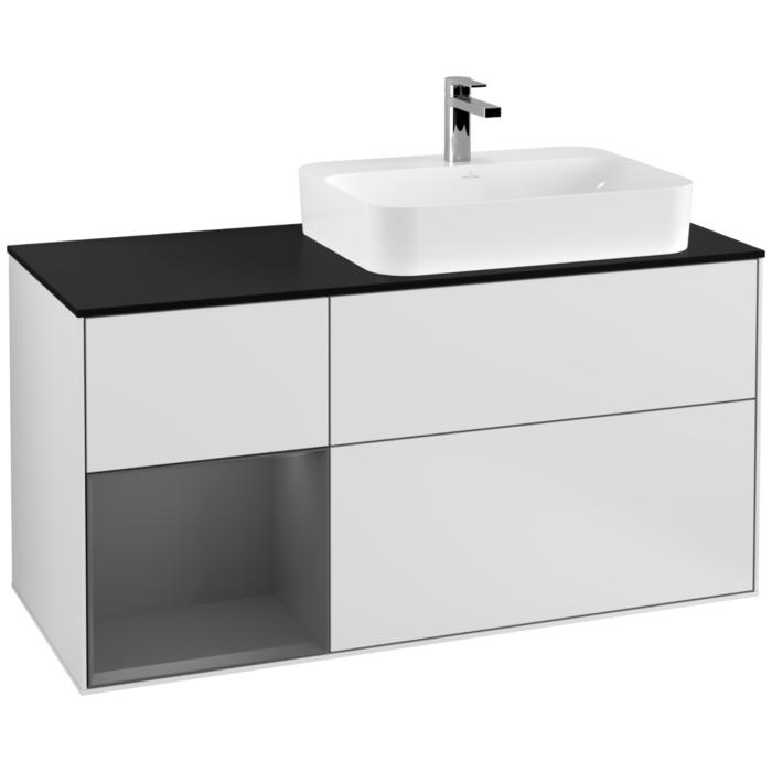 Villeroy Und Boch Finion Waschtischunterschrank F392GKMT 120Cm, Abdeckplatte Black Matt, Regal Links Anthracite Matt, White Matt Lacquer