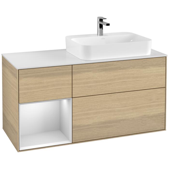 Villeroy Und Boch Finion Waschtischunterschrank F391MTPC 120Cm, Abdeckplatte White Matt, Regal Links White Matt Lacquer, Oak Veneer