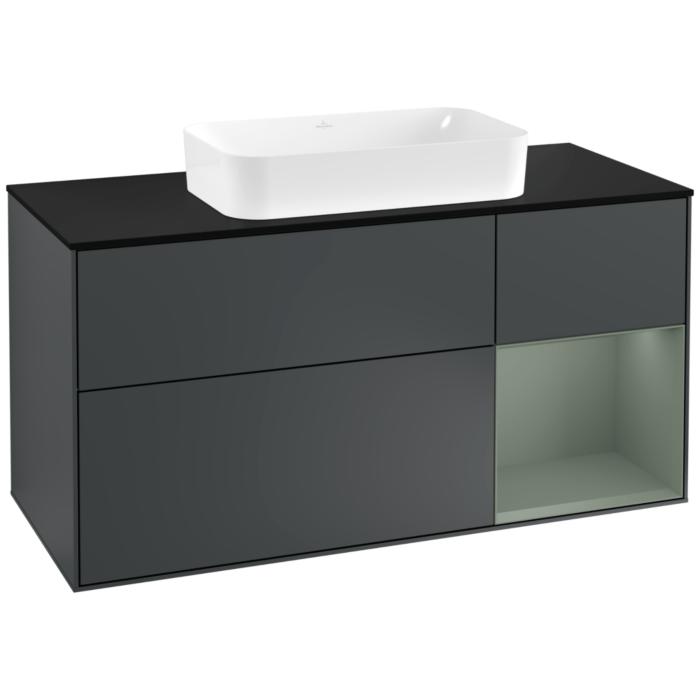 Villeroy Und Boch Finion Waschtischunterschrank F302GMHG 120Cm, Abdeckplatte Black Matt, Regal Rechts Olive Matt Lacquer, Midnight Blue Matt Lacquer