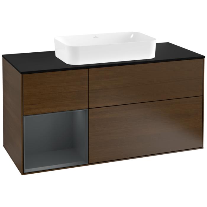 Villeroy Und Boch Finion Waschtischunterschrank G292HGGN 120Cm, Abdeckplatte Black Matt, Emotion, Regal Links Midnight Blue Matt Lacquer, Walnut Veneer