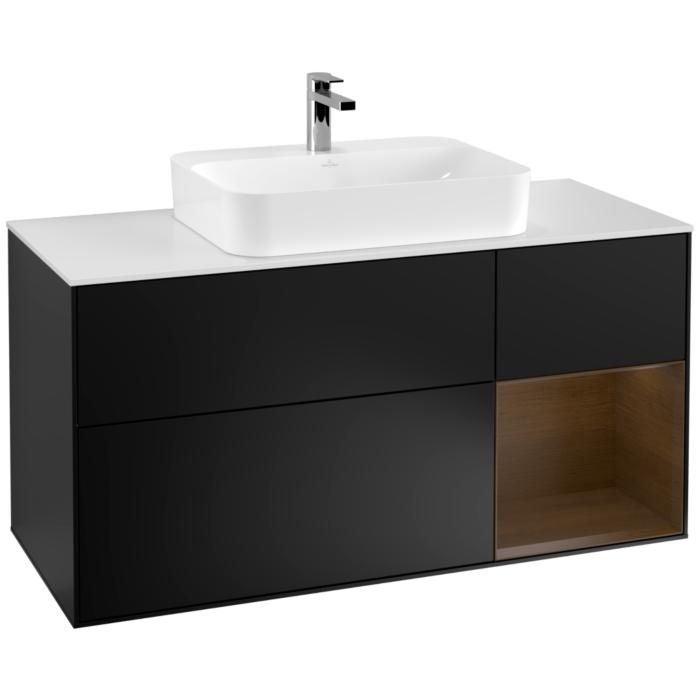 Villeroy Und Boch Finion Waschtischunterschrank F421GNPD 120Cm, Abdeckplatte White Matt, Regal Rechts Walnut Veneer, Black Matt Lacquer