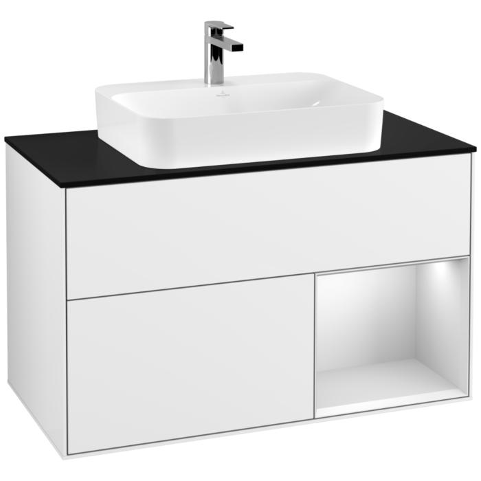 Villeroy Und Boch Finion Waschtischunterschrank F372MTGF 100Cm, Abdeckplatte Black Matt, Regal Rechts White Matt Lacquer, Glossy White Lacquer