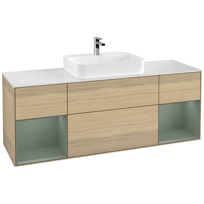 Villeroy Und Boch Finion Waschtischunterschrank F451GMPC 160X60,3Cm, Abdeckplatte White Matt, Regale Olive Matt Lacquer, Oak Veneer