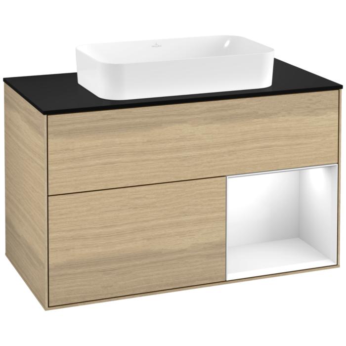 Villeroy Und Boch Finion Waschtischunterschrank F252GFPC 100X60,3Cm, Abdeckplatte Black Matt, Regal Rechts Glossy White Lacquer, Oak Veneer