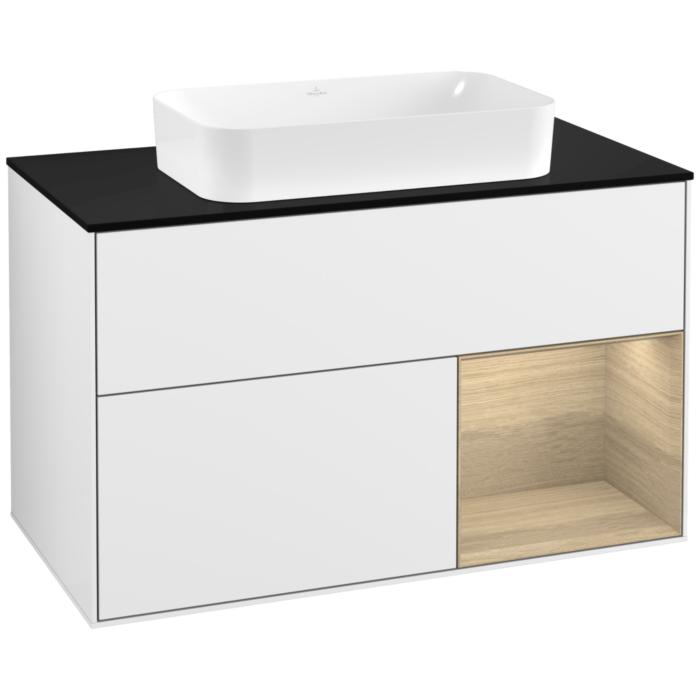 Villeroy Und Boch Finion Waschtischunterschrank F252PCGF 100X60,3Cm, Abdeckplatte Black Matt, Regal Rechts Oak Veneer, Glossy White Lacquer
