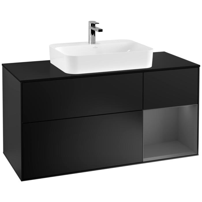 Villeroy Und Boch Finion Waschtischunterschrank F422GKPD 120Cm, Abdeckplatte Black Matt, Regal Rechts Anthracite Matt, Black Matt Lacquer