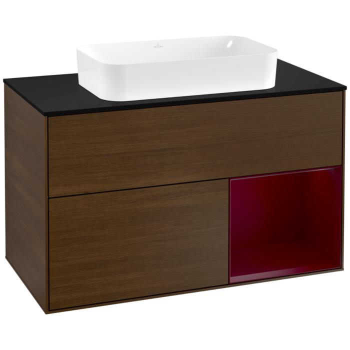 Villeroy Und Boch Finion Waschtischunterschrank G252HBGN 100Cm, Abdeckplatte Black Matt, Emotion, Regal Rechts Peony, Walnut Veneer