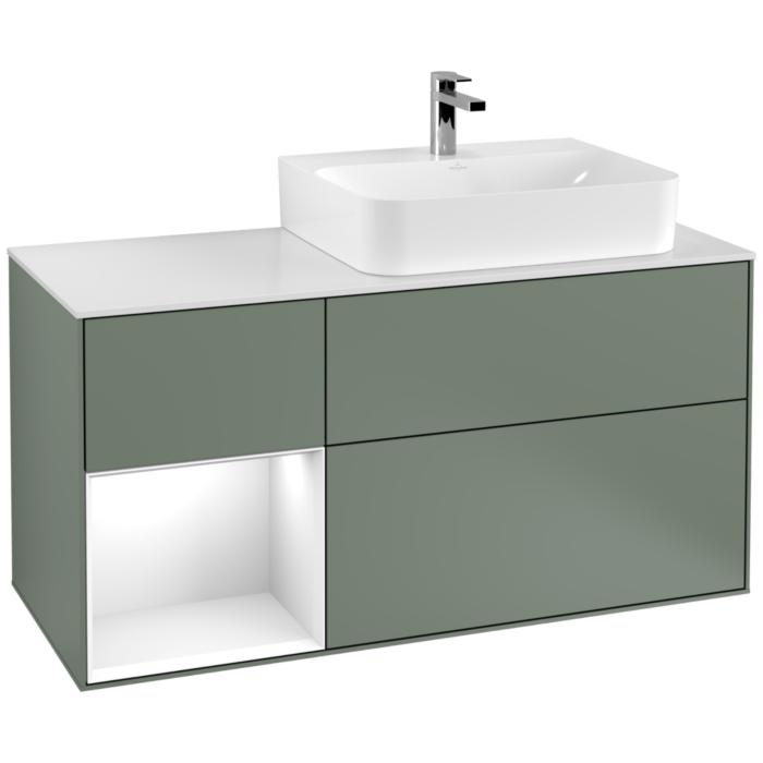 Villeroy Und Boch Finion Waschtischunterschrank G141GFGM 120Cm, Abdeckplatte White Matt, Emotion, Regal Links Glossy White Lacquer, Olive Matt Lacquer
