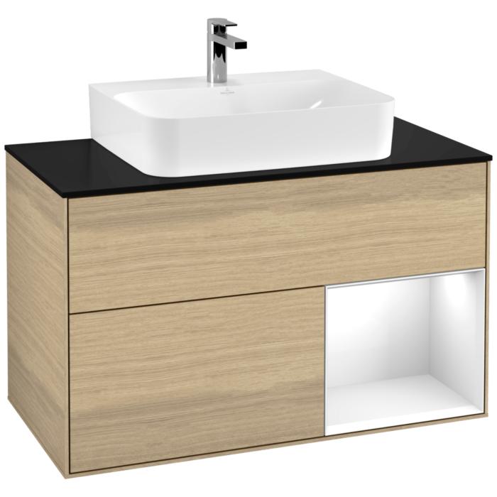 Villeroy Und Boch Finion Waschtischunterschrank G122GFPC 100Cm, Abdeckplatte Black Matt, Emotion, Regal Rechts Glossy White Lacquer, Oak Veneer