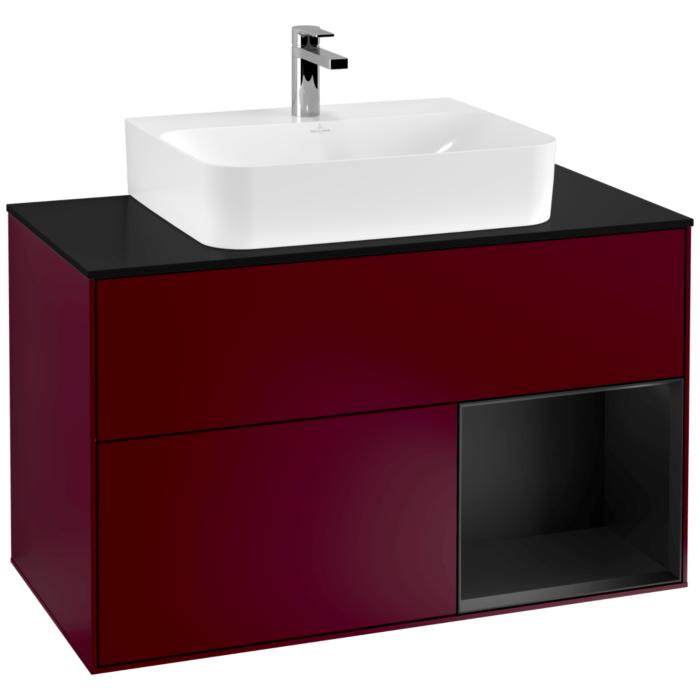 Villeroy Und Boch Finion Waschtischunterschrank F122PDHB 100Cm, Abdeckplatte Black Matt, Regal Rechts Black Matt Lacquer, Peony Matt