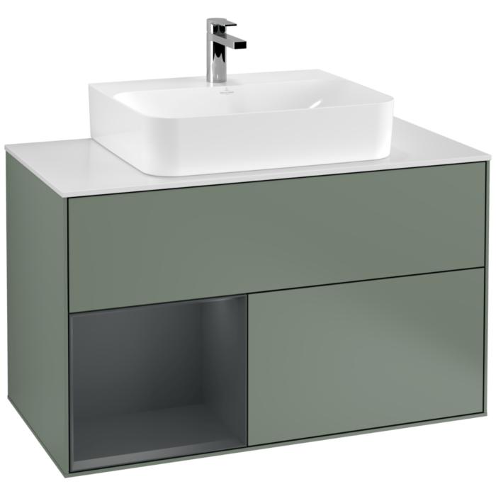 Villeroy Und Boch Finion Waschtischunterschrank G111HGGM 100Cm, Abdeckplatte White Matt, Emotion, Regal Links Midnight Blue Matt Lacquer, Olive Matt Lacquer