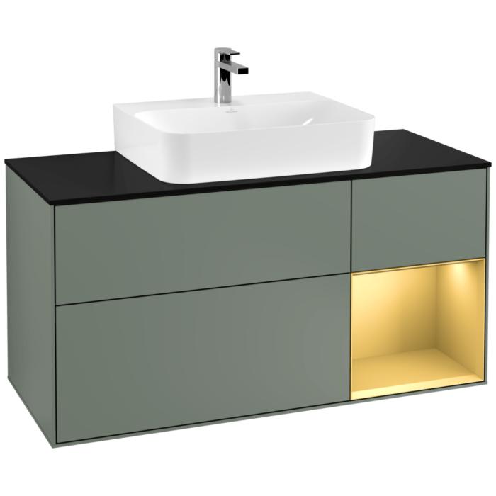 Villeroy Und Boch Finion Waschtischunterschrank F172HFGM 120Cm, Abdeckplatte Black Matt, Regal Rechts Gold Matt, Olive Matt Lacquer