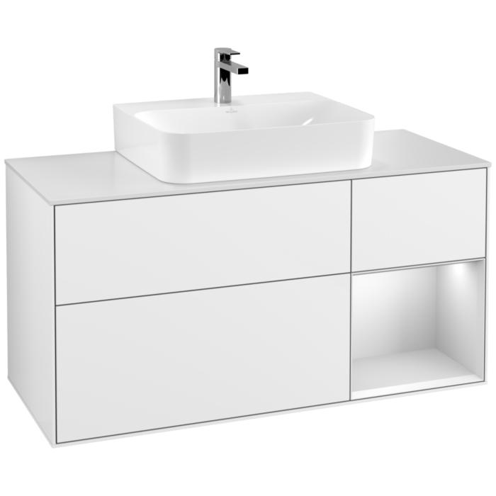 Villeroy Und Boch Finion Waschtischunterschrank F171MTGF 120Cm, Abdeckplatte White Matt, Regal Rechts White Matt Lacquer, Glossy White Lacquer