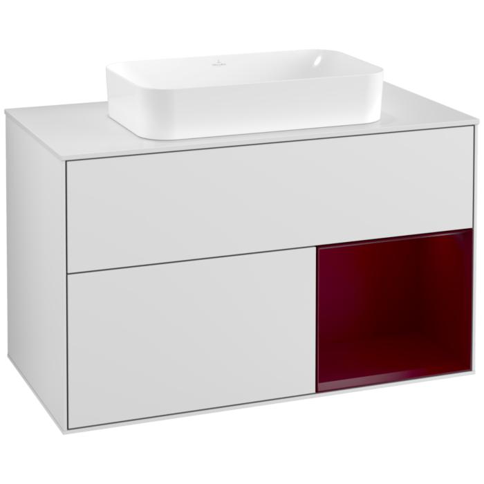 Villeroy Und Boch Finion Waschtischunterschrank G251HBMT 100Cm, Abdeckplatte White Matt, Emotion, Regal Rechts Peony, White Matt Lacquer