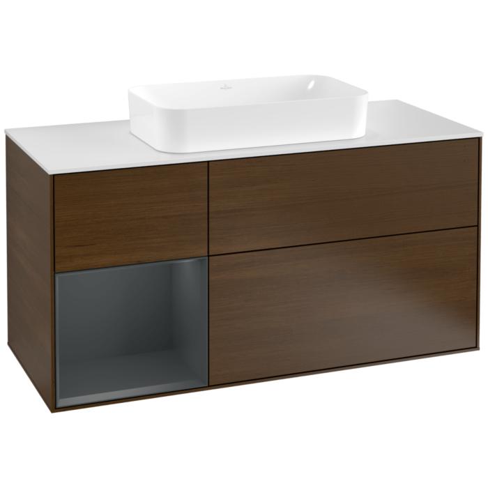 Villeroy Und Boch Finion Waschtischunterschrank F291HGGN 120Cm, Abdeckplatte White Matt, Regal Links Midnight Blue Matt Lacquer, Walnut Veneer
