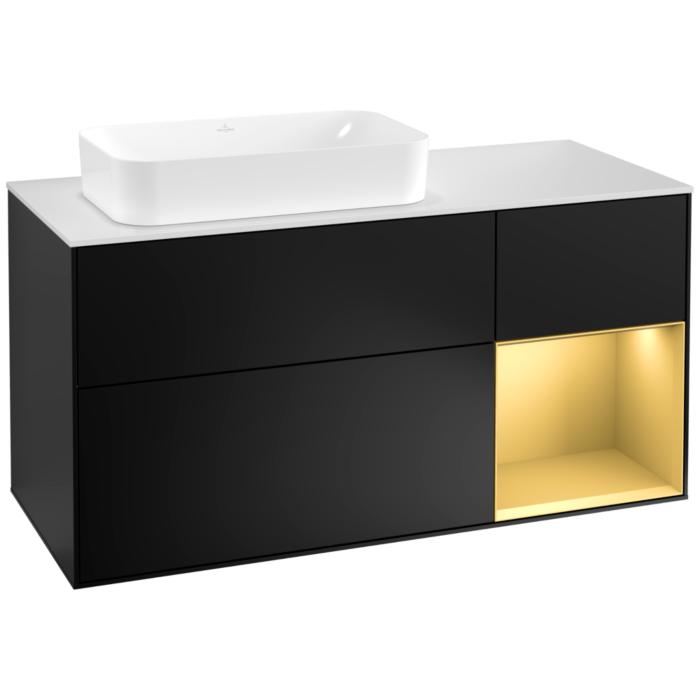 Villeroy Und Boch Finion Waschtischunterschrank G281HFPD 120Cm, Abdeckplatte White Matt, Emotion, Regal Rechts Gold Matt, Black Matt Lacquer