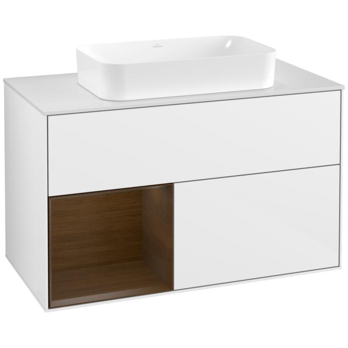 Villeroy Und Boch Finion Waschtischunterschrank G241GNGF 100Cm, Abdeckplatte White Matt, Emotion, Regal Links Walnut Veneer, Glossy White Lacquer