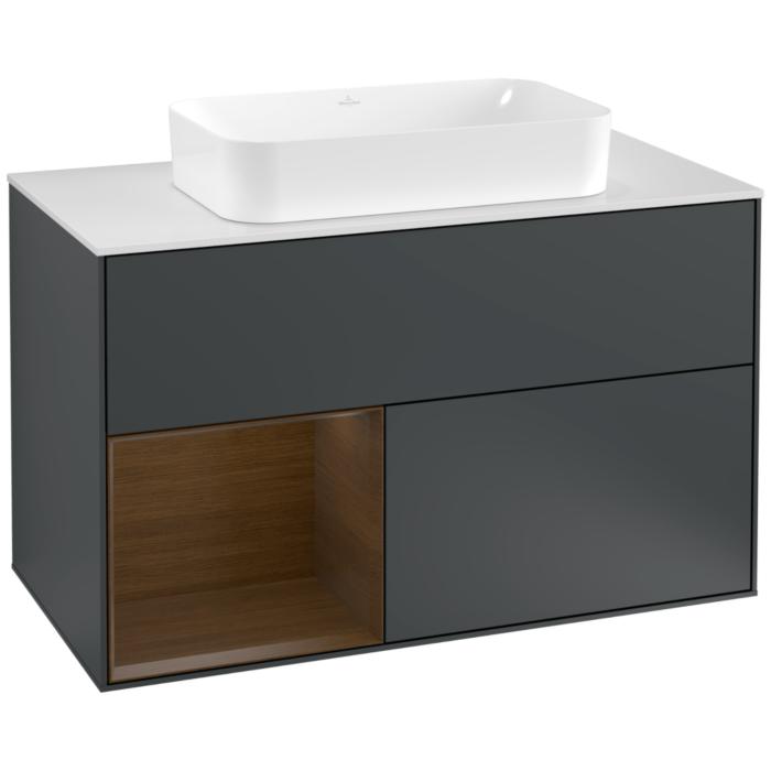 Villeroy Und Boch Finion Waschtischunterschrank G241GNHG 100Cm, Abdeckplatte White Matt, Emotion, Regal Links Walnut Veneer, Midnight Blue Matt Lacquer