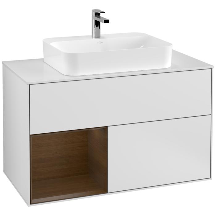 Villeroy Und Boch Finion Waschtischunterschrank G361GNMT 100Cm, Abdeckplatte White Matt, Emotion, Regal Links Walnut Veneer, White Matt Lacquer