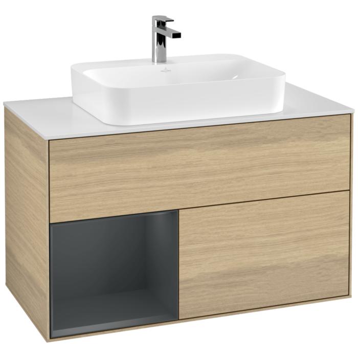 Villeroy Und Boch Finion Waschtischunterschrank F361HGPC 100Cm, Abdeckplatte White Matt, Regal Links Midnight Blue Matt Lacquer, Oak Veneer