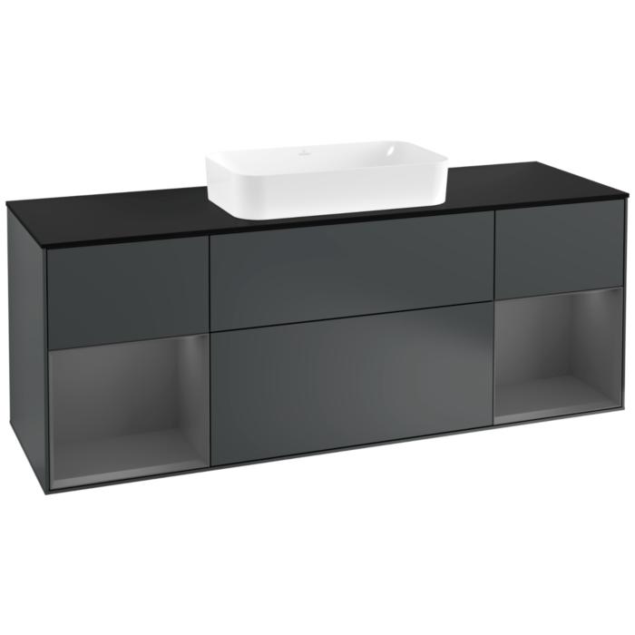 Villeroy Und Boch Finion Waschtischunterschrank F332GKHG 160X60,3Cm, Abdeckplatte Black Matt, Regale Anthracite Matt Lacquer, Midnight Blue Matt Lacquer
