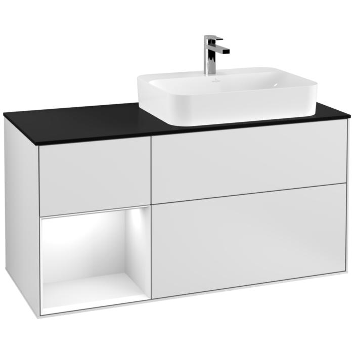 Villeroy Und Boch Finion Waschtischunterschrank G392GFMT 120Cm, Abdeckplatte Black Matt, Emotion, Regal Links Glossy White Lacquer, White Matt Lacquer