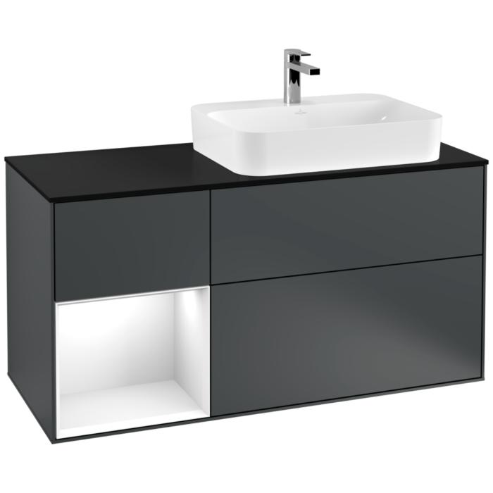 Villeroy Und Boch Finion Waschtischunterschrank F392GFHG 120Cm, Abdeckplatte Black Matt, Regal Links Glossy White Lacquer, Midnight Blue Matt Lacquer