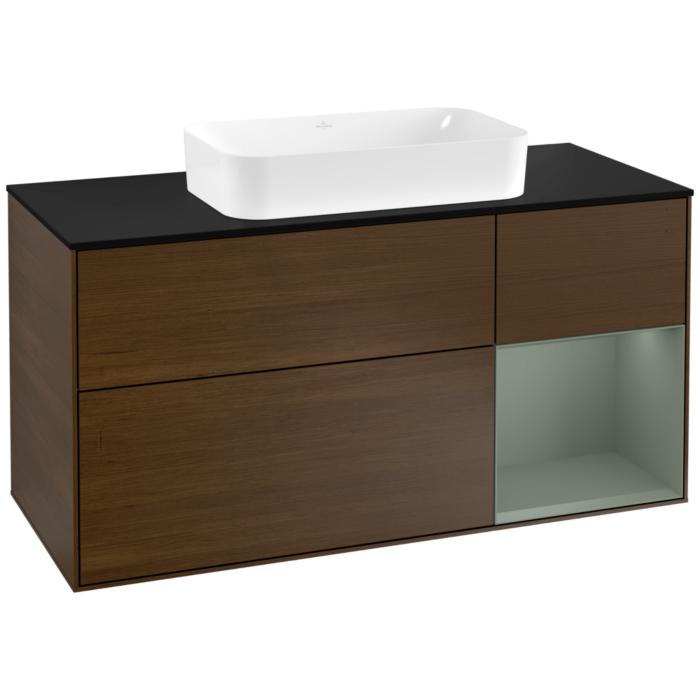 Villeroy Und Boch Finion Waschtischunterschrank F302GMGN 120Cm, Abdeckplatte Black Matt, Regal Rechts Olive Matt Lacquer, Walnut Veneer