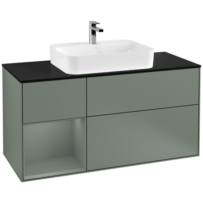 Villeroy Und Boch Finion Waschtischunterschrank G412GMGM 120Cm, Abdeckplatte Black Matt, Emotion, Regal Links Olive Matt Lacquer, Olive Matt Lacquer