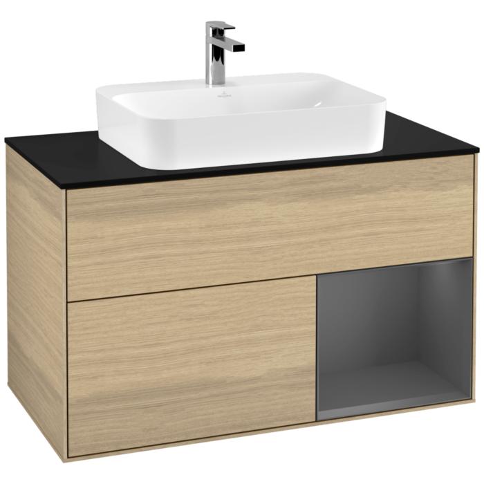 Villeroy Und Boch Finion Waschtischunterschrank F372GKPC 100Cm, Abdeckplatte Black Matt, Regal Rechts Anthracite Matt, Oak Veneer