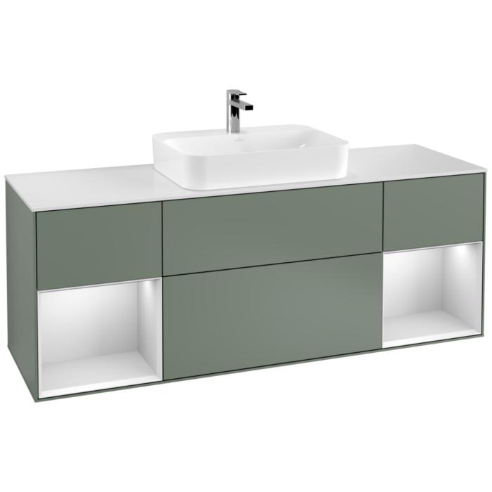 Villeroy Und Boch Finion Waschtischunterschrank G451MTGM 160Cm, Abdeckplatte White Matt, Emotion, Regale White Matt Lacquer, Olive Matt Lacquer