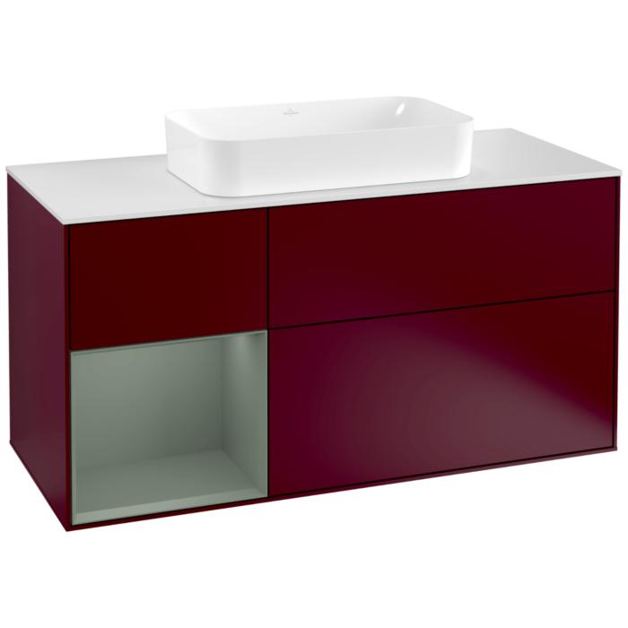 Villeroy Und Boch Finion Waschtischunterschrank F291GMHB 120Cm, Abdeckplatte White Matt, Regal Links Olive Matt Lacquer, Peony Matt