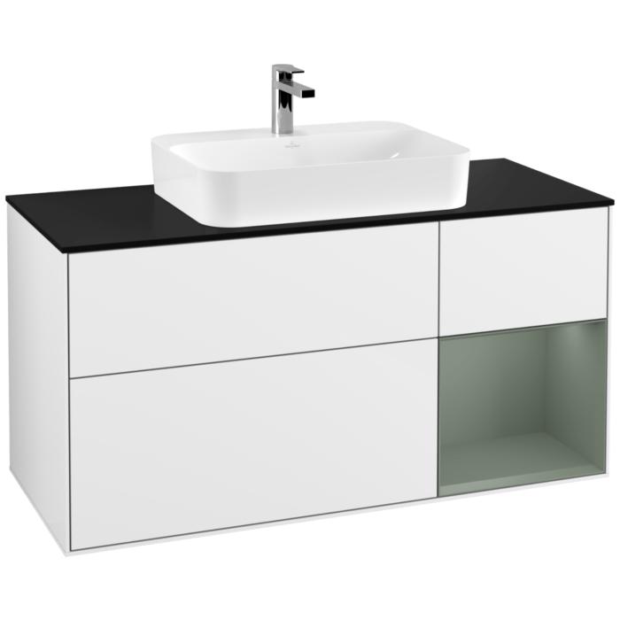 Villeroy Und Boch Finion Waschtischunterschrank G422GMGF 120Cm, Abdeckplatte Black Matt, Emotion, Regal Rechts Olive Matt, Glossy White Lacquer