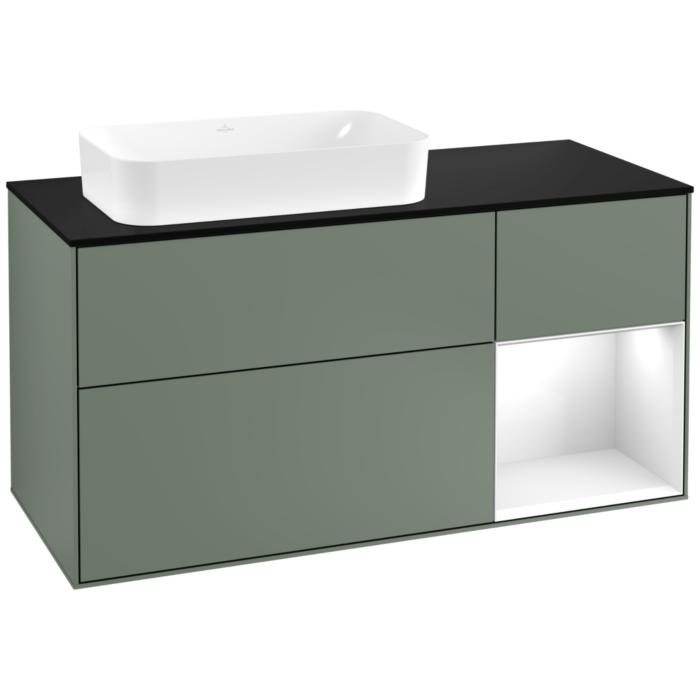 Villeroy Und Boch Finion Waschtischunterschrank F282GFGM 120Cm, Abdeckplatte Black Matt, Regal Rechts Glossy White Lacquer, Olive Matt Lacquer