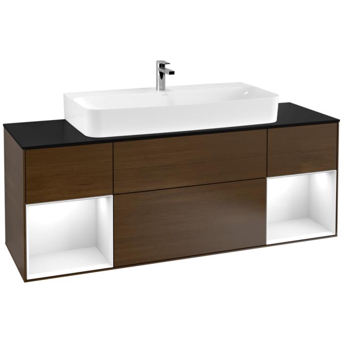 Villeroy Und Boch Finion Waschtischunterschrank F212GFGN 160Cm, Abdeckplatte Black Matt, Regale Glossy White Lacquer, Walnut Veneer