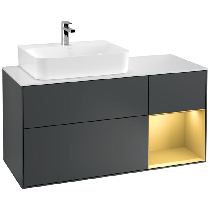 Villeroy Und Boch Finion Waschtischunterschrank F151HFHG 120Cm, Abdeckplatte White Matt, Regal Rechts Gold Matt, Midnight Blue Matt Lacquer