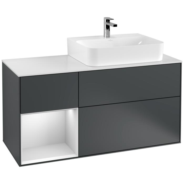 Villeroy Und Boch Finion Waschtischunterschrank F141MTHG 120Cm, Abdeckplatte Glass White Matt, Regal Links White Matt Lacquer, Midnight Blue Matt Lacquer
