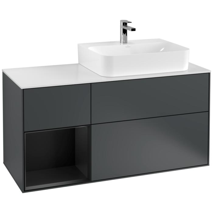 Villeroy Und Boch Finion Waschtischunterschrank F141PDHG 120Cm, Abdeckplatte Glass White Matt, Regal Links Black Matt Lacquer, Midnight Blue Matt Lacquer