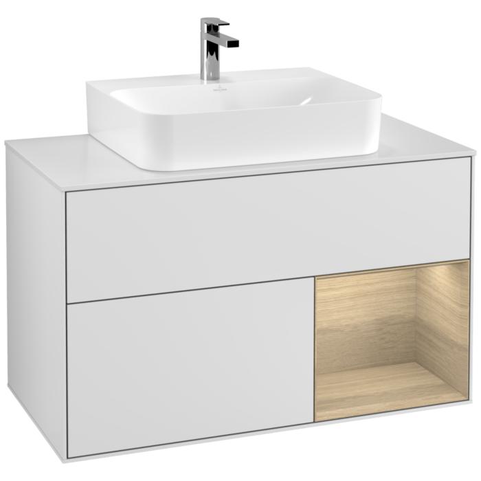 Villeroy Und Boch Finion Waschtischunterschrank G121PCMT 100Cm, Abdeckplatte White Matt, Emotion, Regal Rechts Oak Veneer, White Matt Lacquer