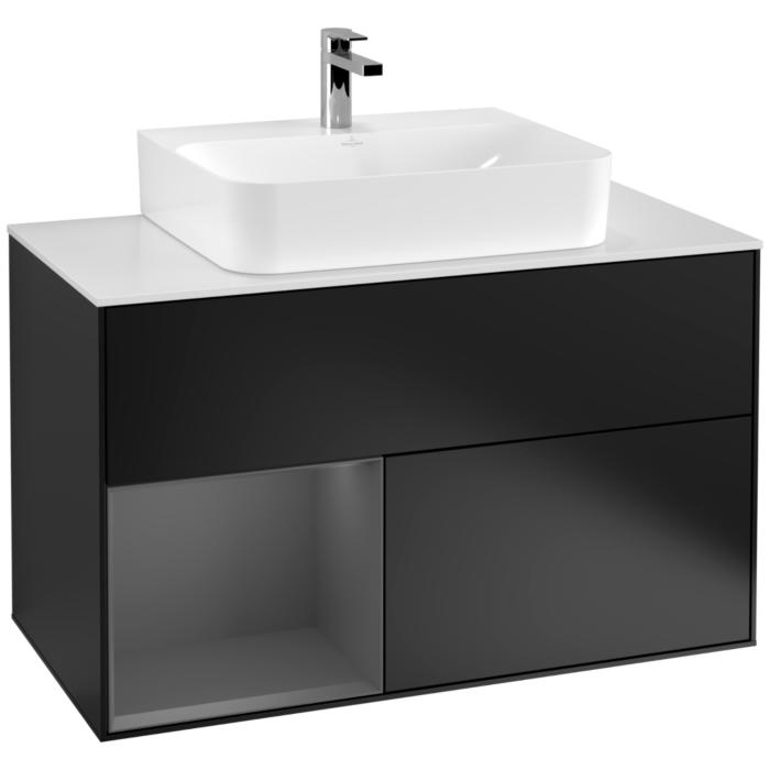 Villeroy Und Boch Finion Waschtischunterschrank G111GKPD 100Cm, Abdeckplatte White Matt, Emotion, Regal Links Anthracite Matt, Black Matt Lacquer