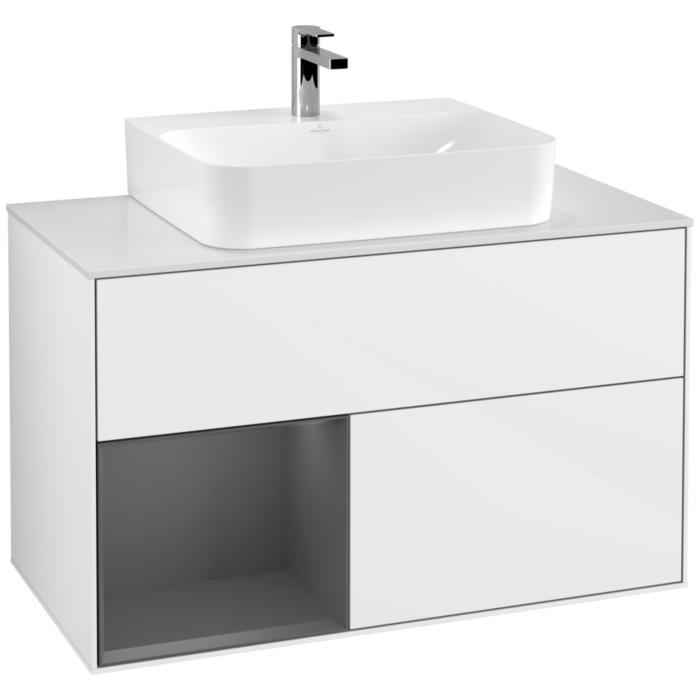 Villeroy Und Boch Finion Waschtischunterschrank G111GKGF 100Cm, Abdeckplatte White Matt, Emotion, Regal Links Anthracite Matt, Glossy White Lacquer