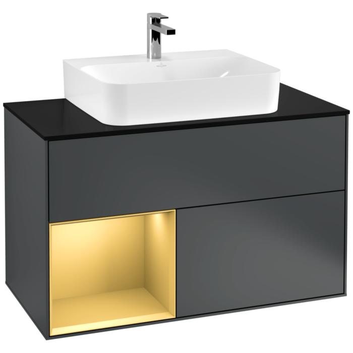 Villeroy Und Boch Finion Waschtischunterschrank F112HFHG 100Cm, Abdeckplatte White Matt, Regal Links Gold Matt, Midnight Blue Matt Lacquer
