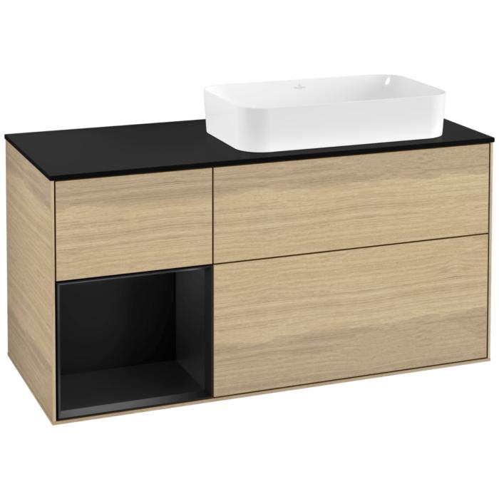 Villeroy Und Boch Finion Waschtischunterschrank F272PDPC 120Cm, Abdeckplatte Black Matt, Regal Links Black Matt Lacquer, Oak Veneer