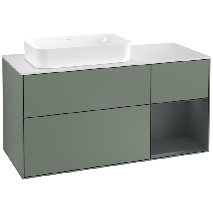 Villeroy Und Boch Finion Waschtischunterschrank F281HGGM 120Cm, Abdeckplatte White Matt, Regal Rechts Midnight Blue Matt Lacquer, Olive Matt Lacquer
